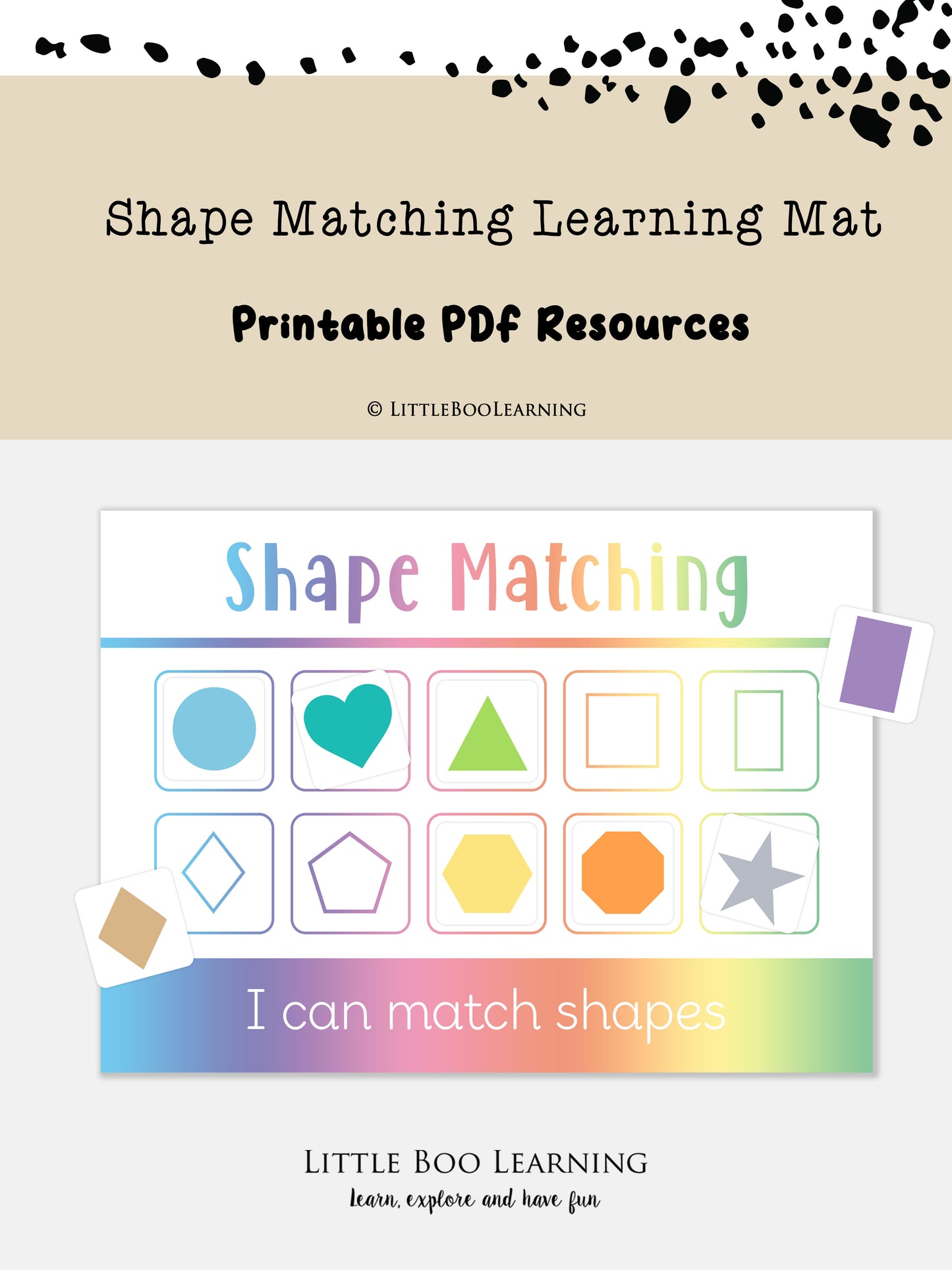 Shape matching learning mat with colourful shapes and text on a gradient background