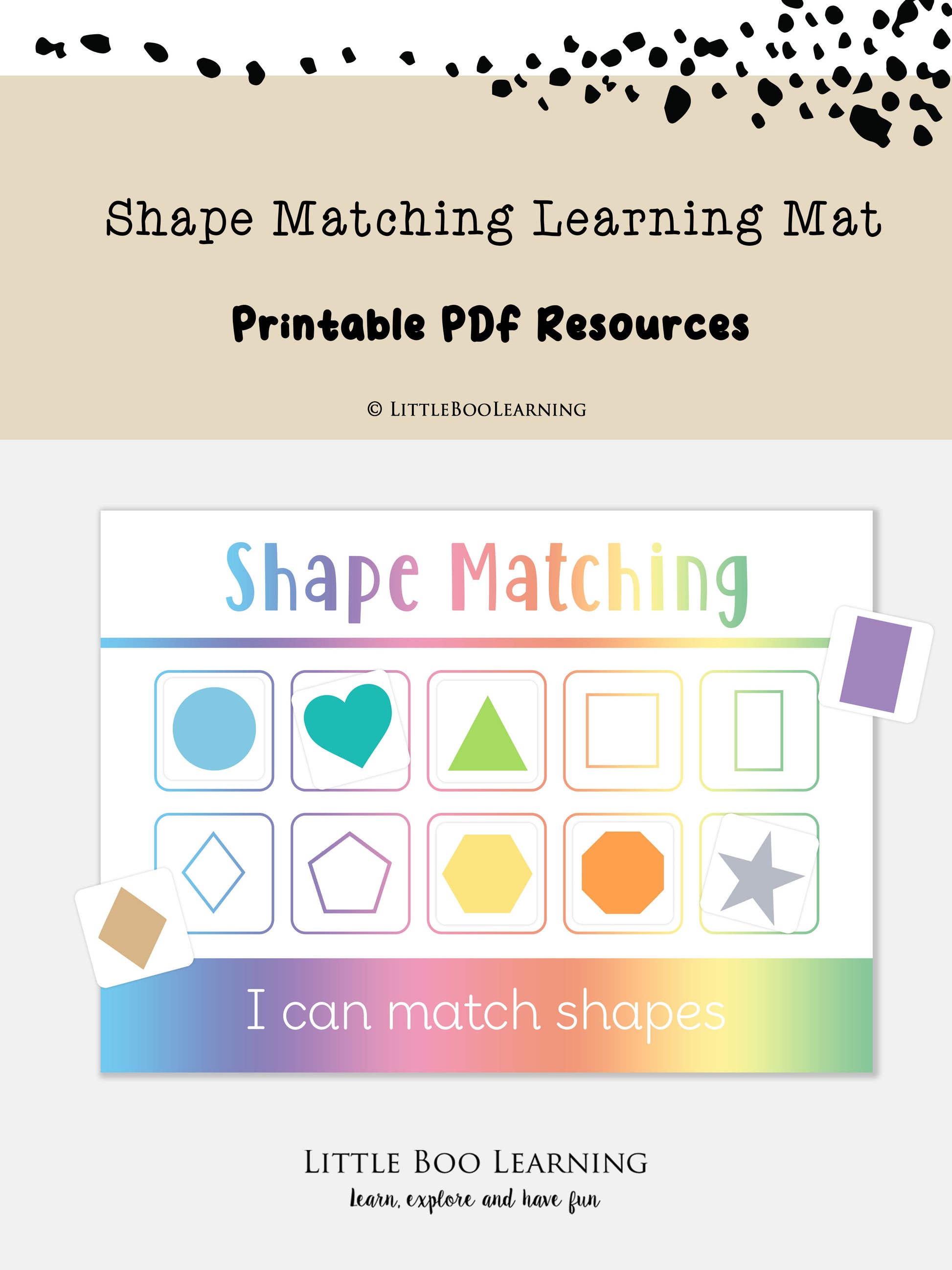 Shape matching learning mat with colourful shapes and text on a gradient background