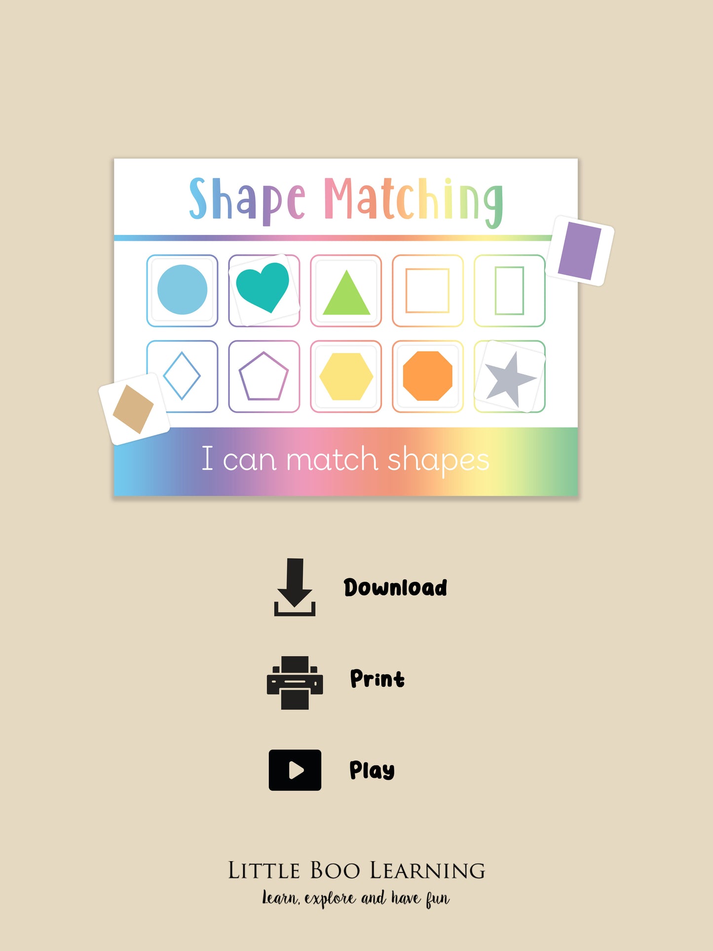 Shape matching educational activity sheet with colorful shapes on a beige background.