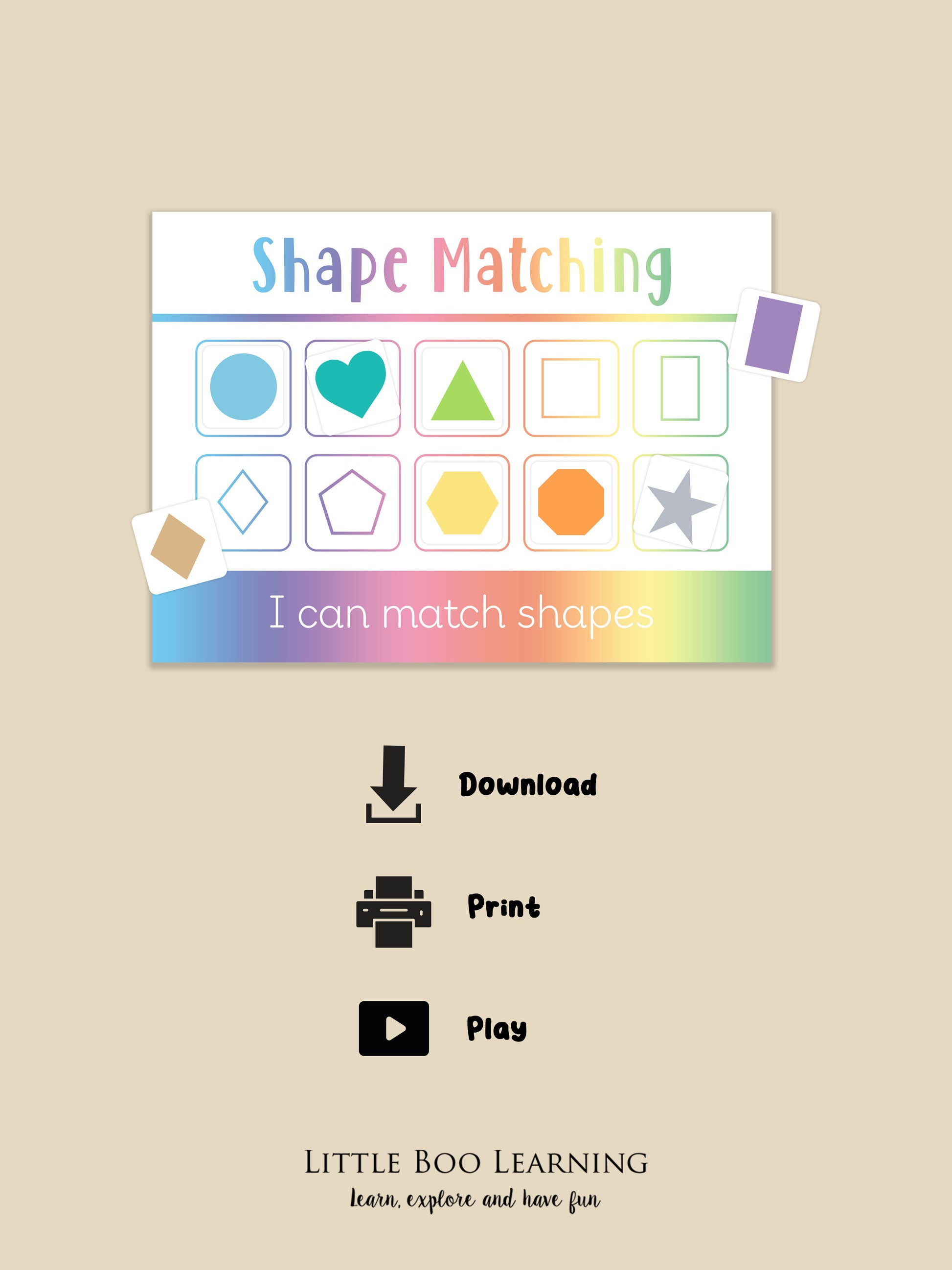 Shape matching educational activity sheet with colorful shapes on a beige background.