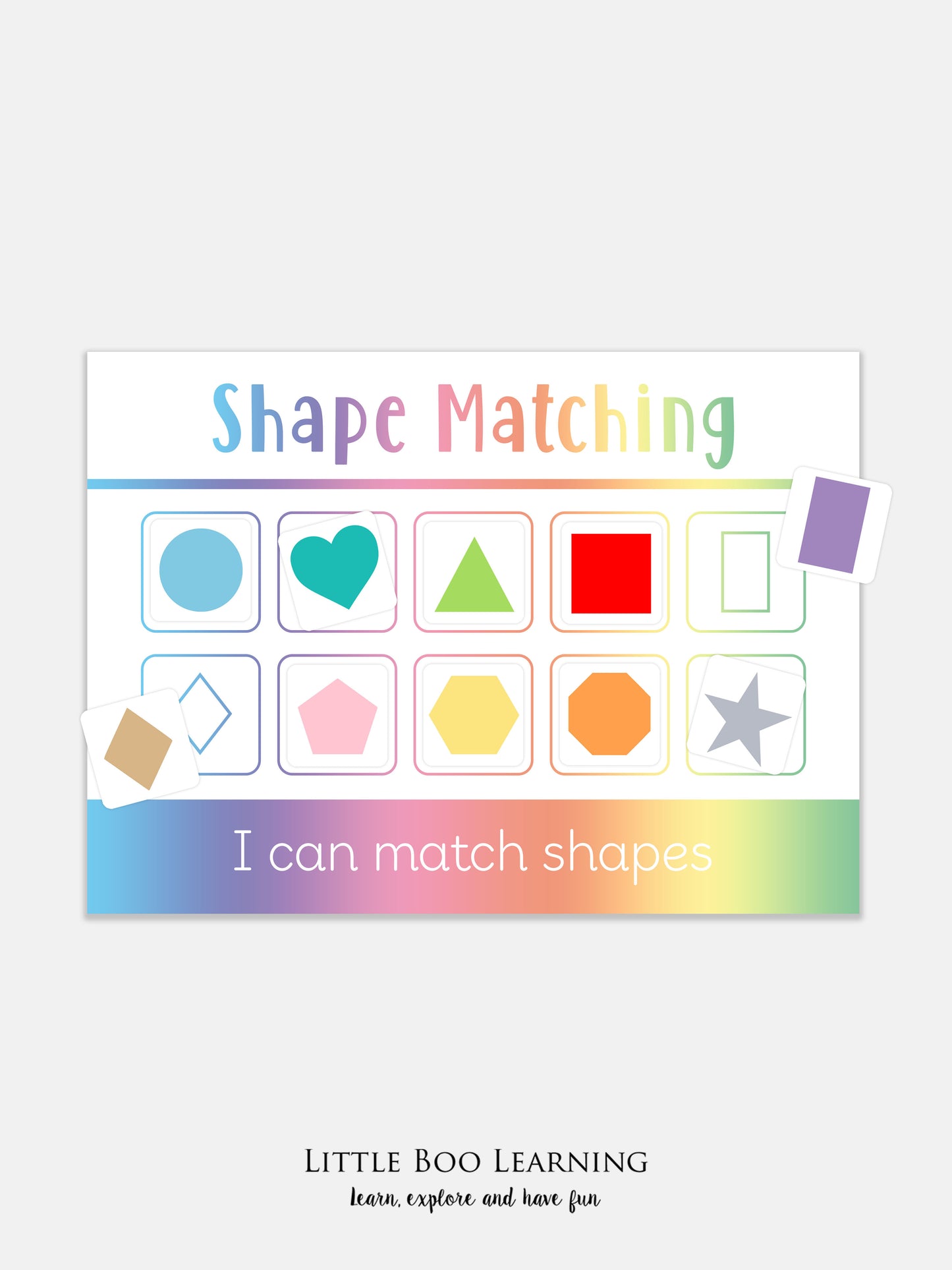 Shape matching educational poster with colorful shapes and text on a white background