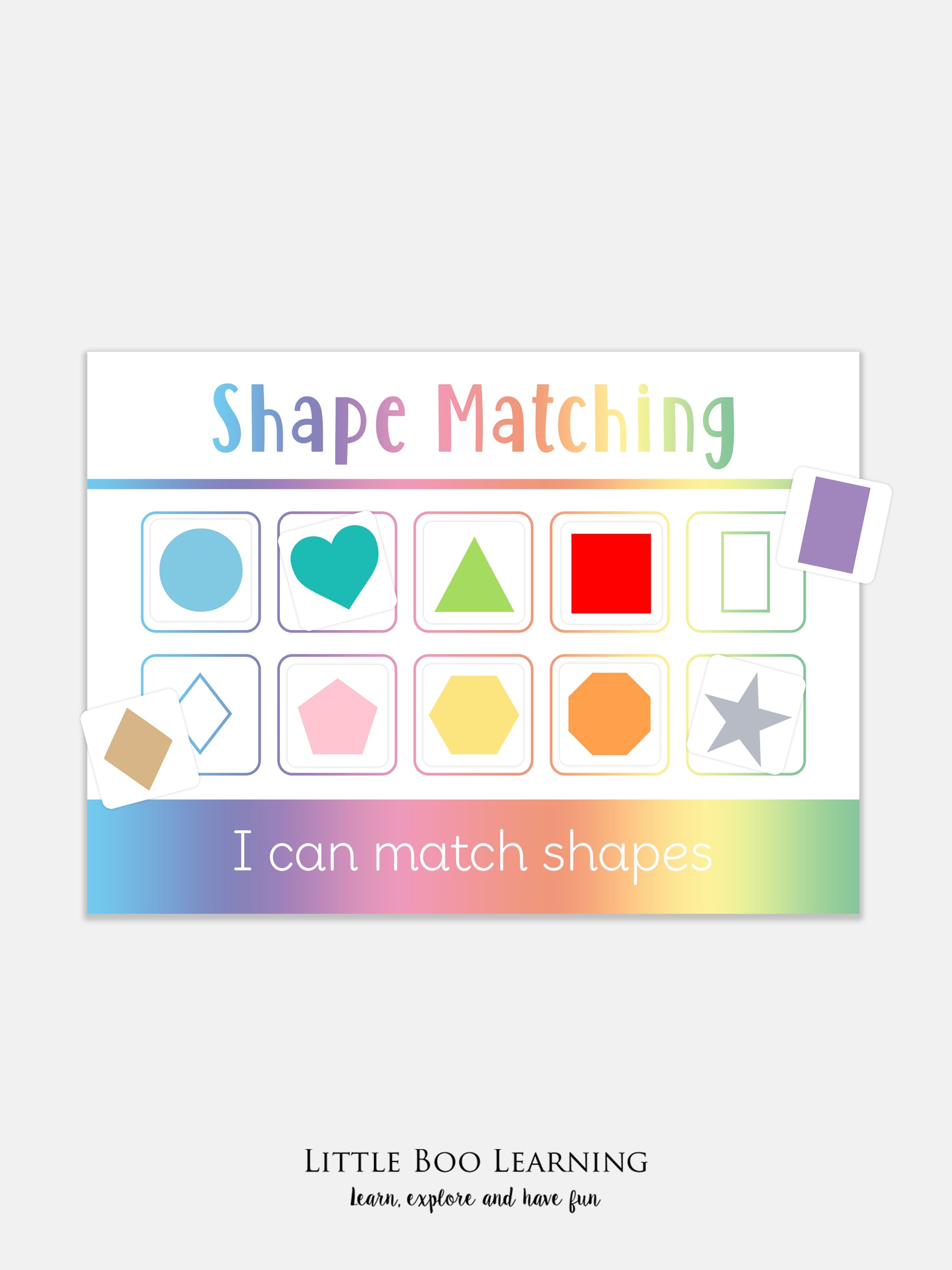 Shape matching educational poster with colorful shapes and text on a white background