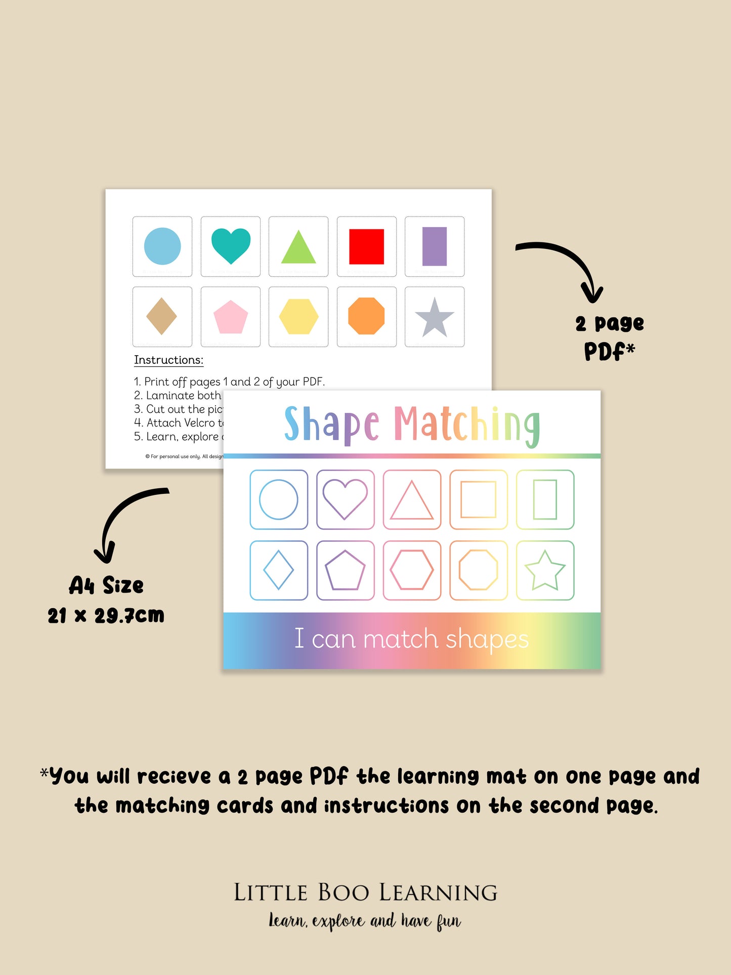 Shape matching educational material with cards and instructions on a beige background