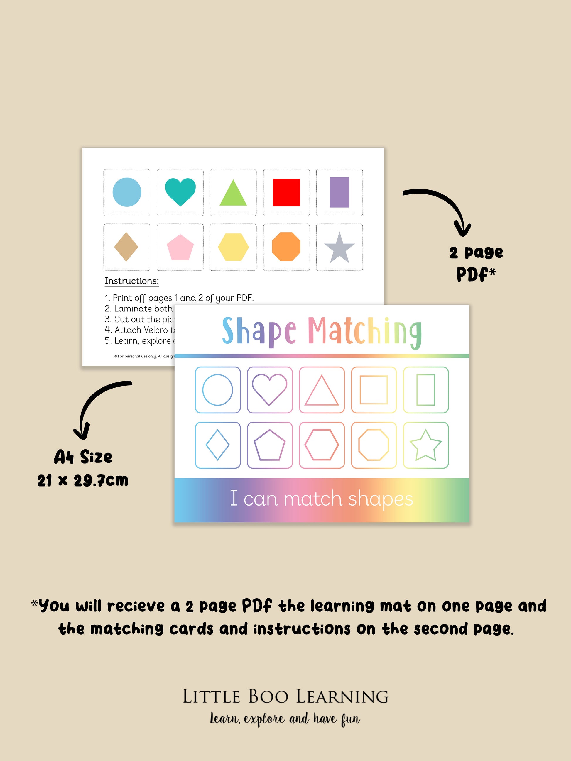 Shape matching educational material with cards and instructions on a beige background