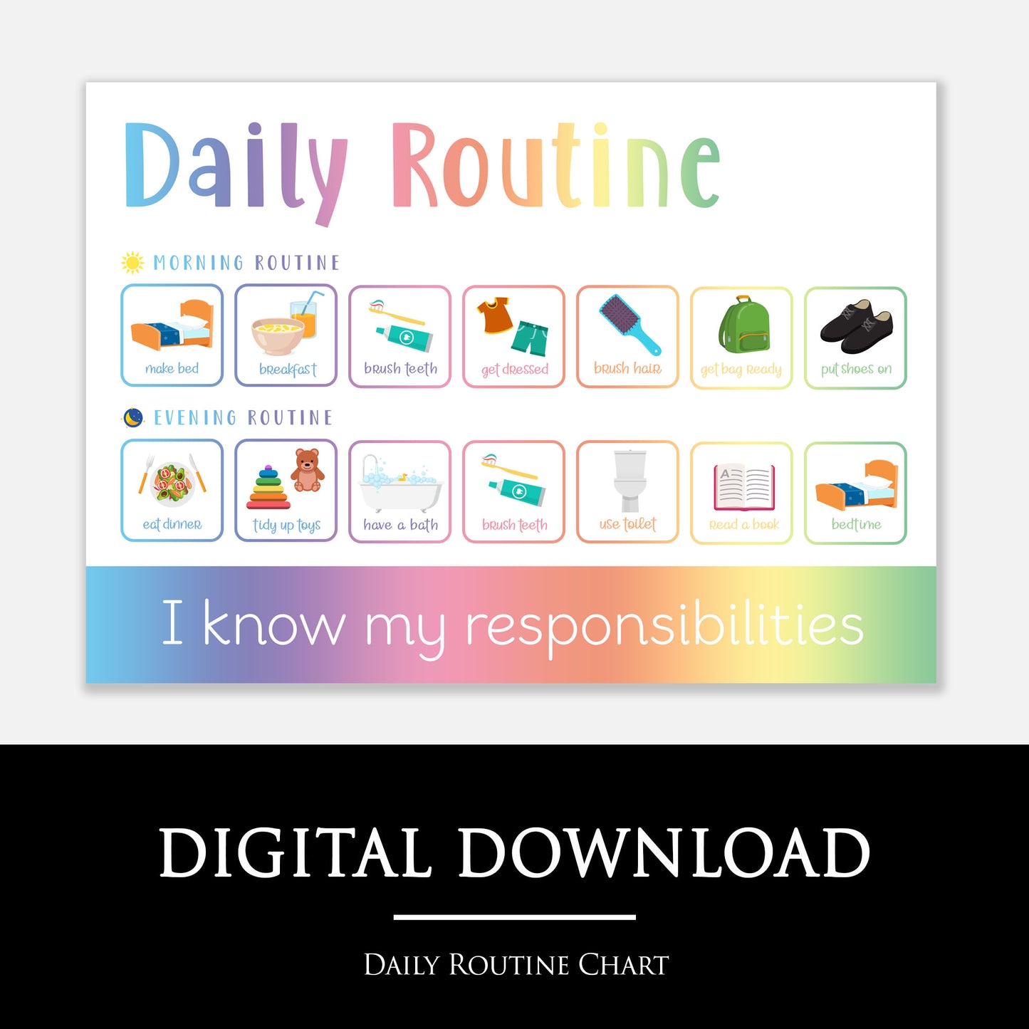 Daily routine chart with colorful icons and text on a white background