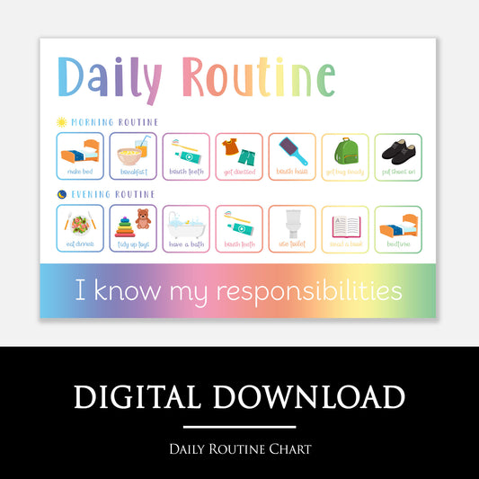 Daily routine chart with colorful icons and text on a white background