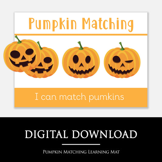 Pumpkin matching learning mat with three cartoon pumpkins on a white background.