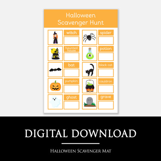 Halloween Scavenger Hunt game sheet with icons and text on a white background