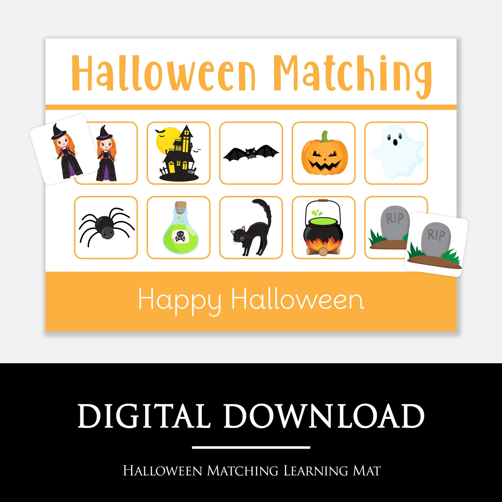 Halloween matching learning mat printable PDF resources.