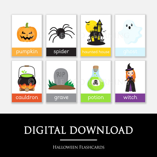 Set of Halloween-themed flashcards with colorful illustrations and labels.