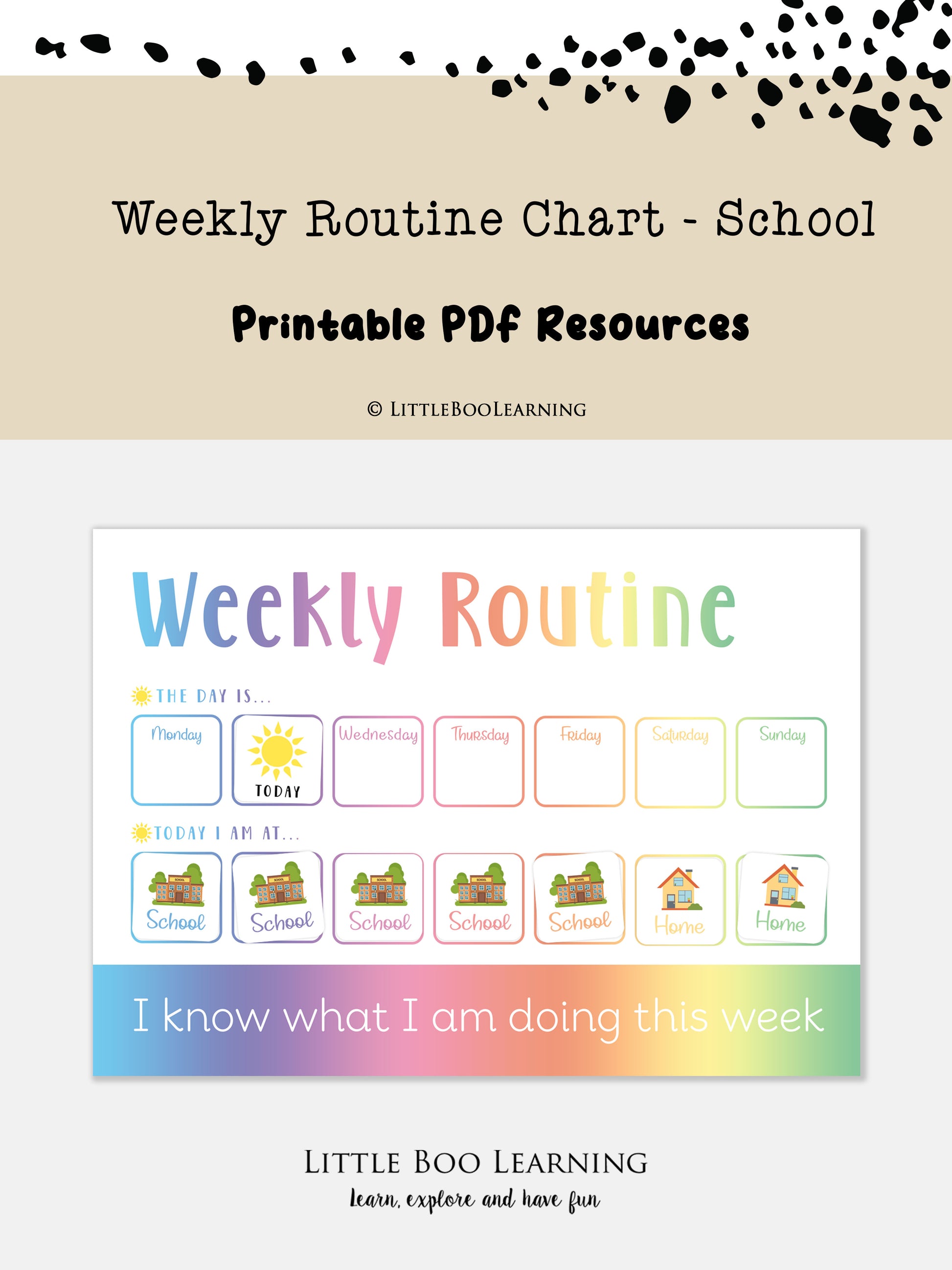Weekly routine chart for school with colorful design and text 'Weekly Routine Chart - School'.