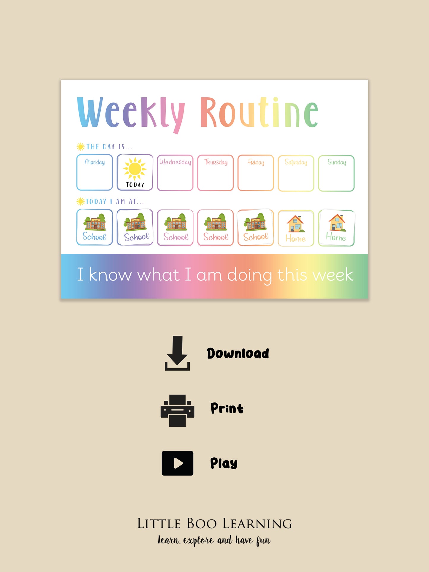 Weekly routine chart for children with colorful icons on a beige background, featuring download, print, and play icons below.