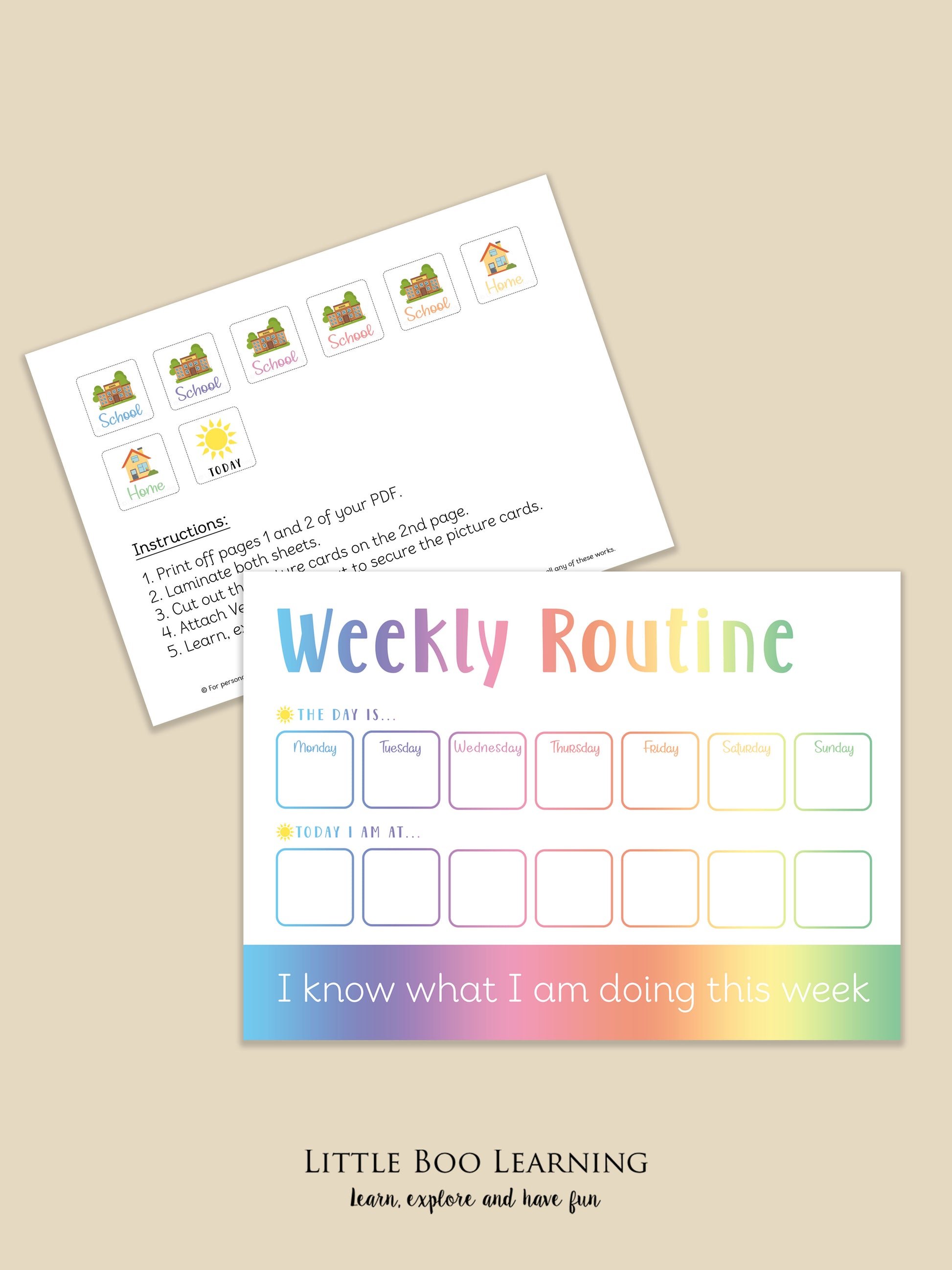 Weekly routine chart for children with colorful design on a beige background