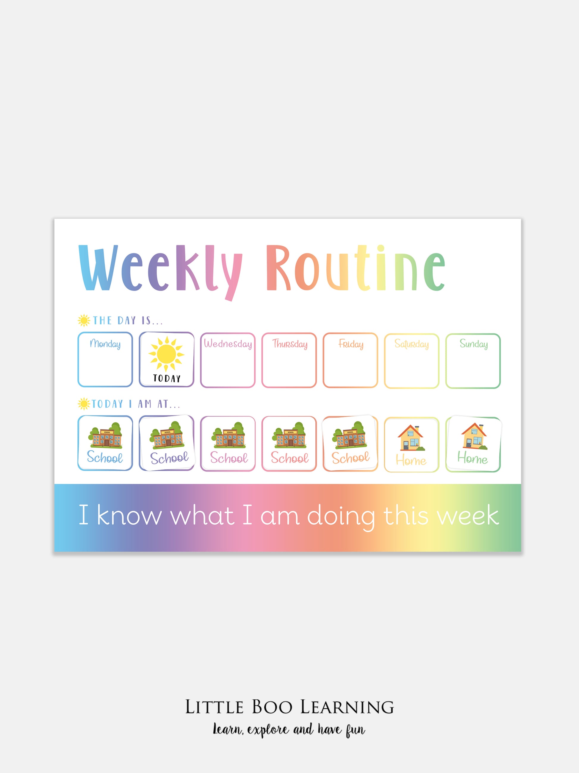 Weekly routine chart for children with colorful design and text, branded 'Little Boo Learning'.