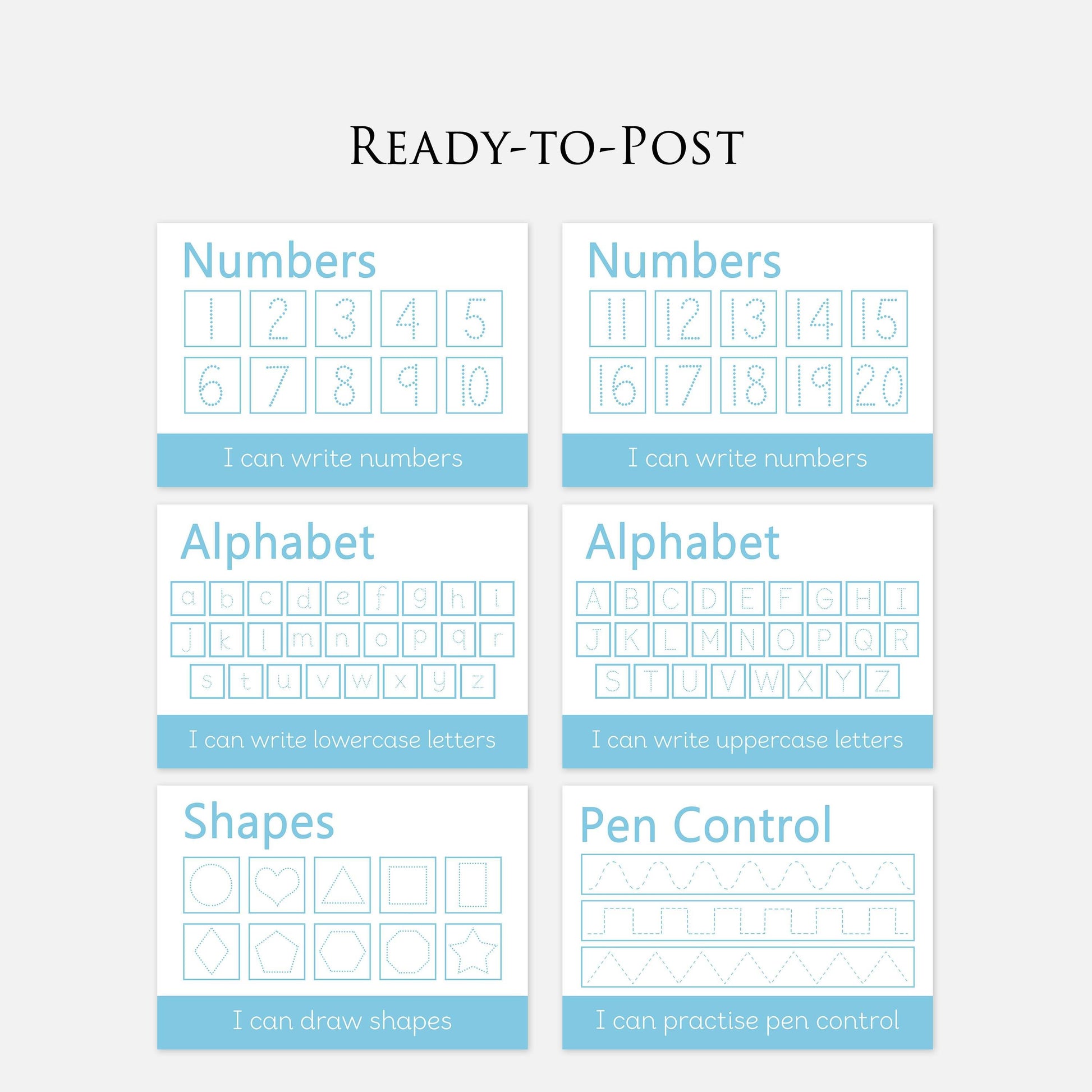 READY-TO-POST Set of 6 Wipe Clean Learning Mats (BLUE)-Little Boo Learning-