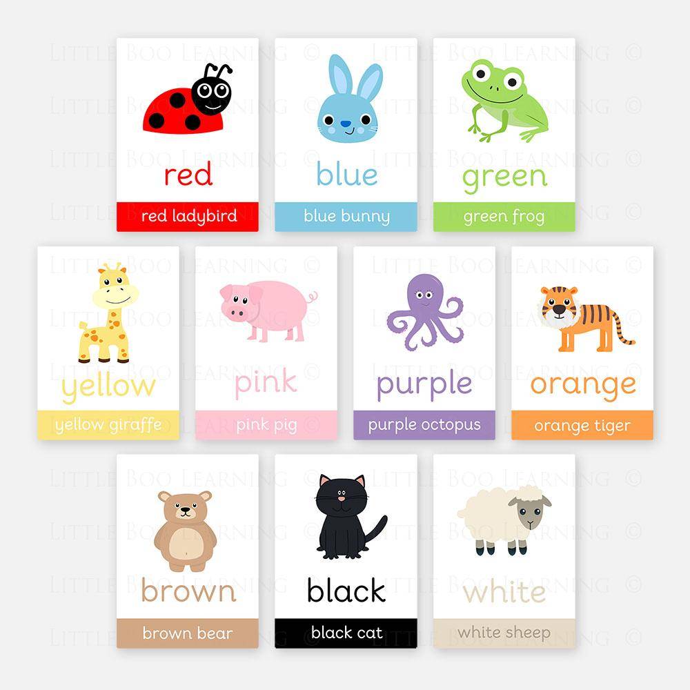 Animal Colours Toddler Flashcards-Little Boo Learning-A6,black,blue,Colours,Flashcards,green,normal,pink,purple,red,white,yellow