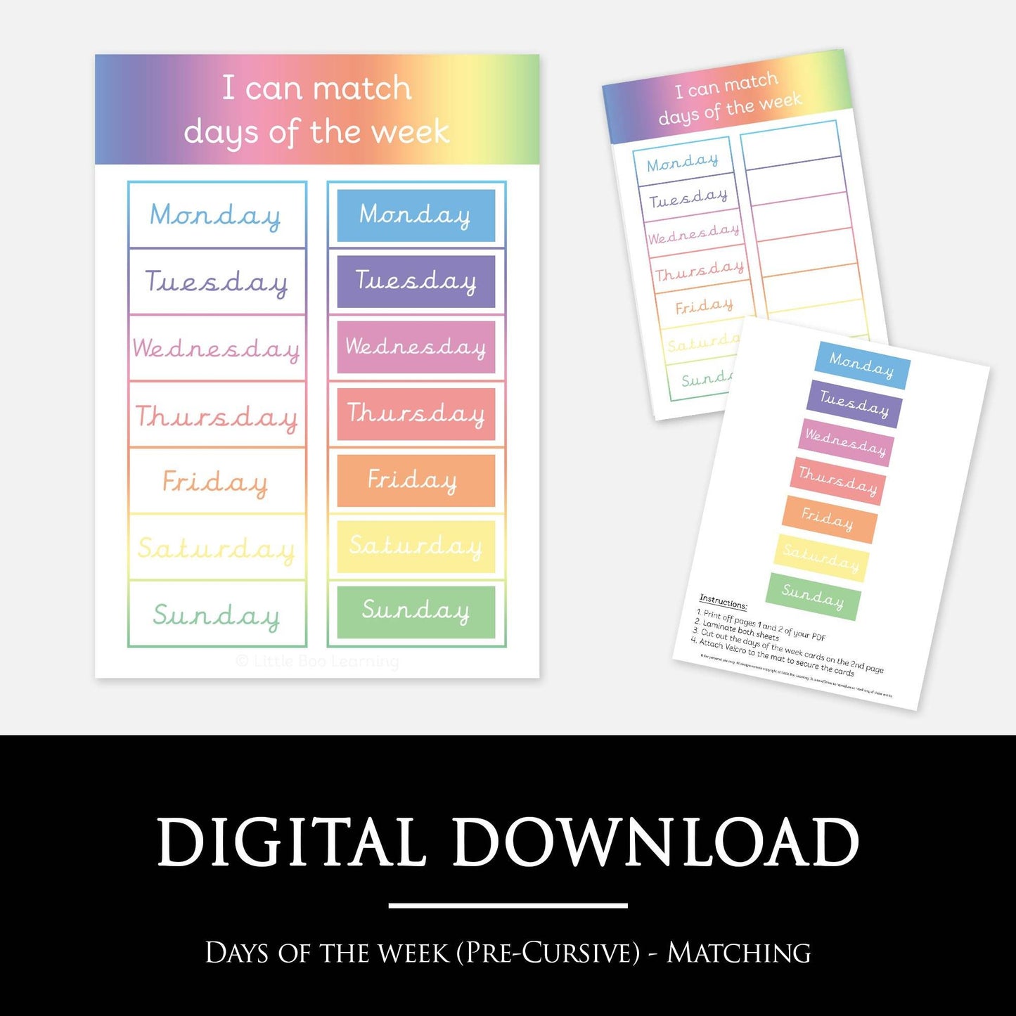 Days of The Week Matching Mat (Pre-Cursive) | Digital Download-Little Boo Learning-Days of The Week