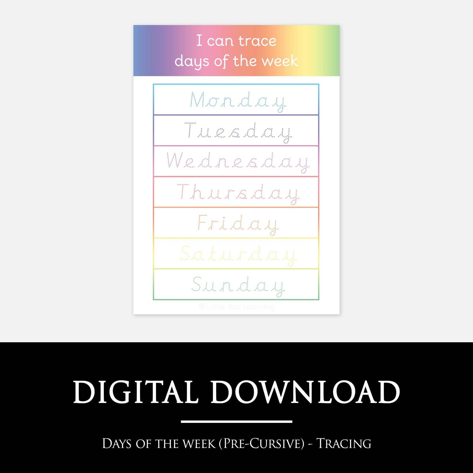 Days of The Week Tracing Mat (Pre-Cursive) | Digital Download-Little Boo Learning-Days of The Week
