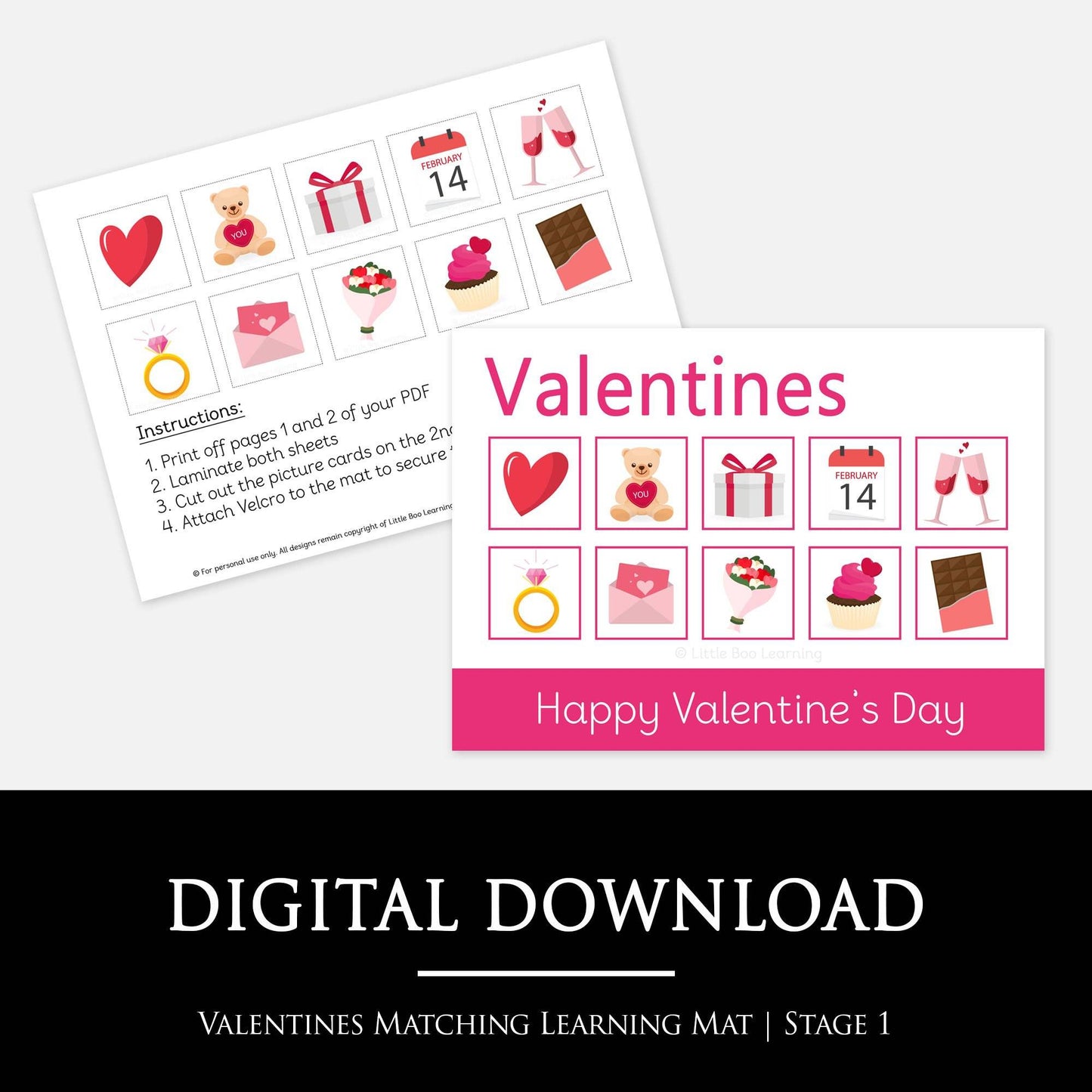 Valentines Matching Learning Mat - STAGE 1 | Digital Download-Little Boo Learning-Valentines