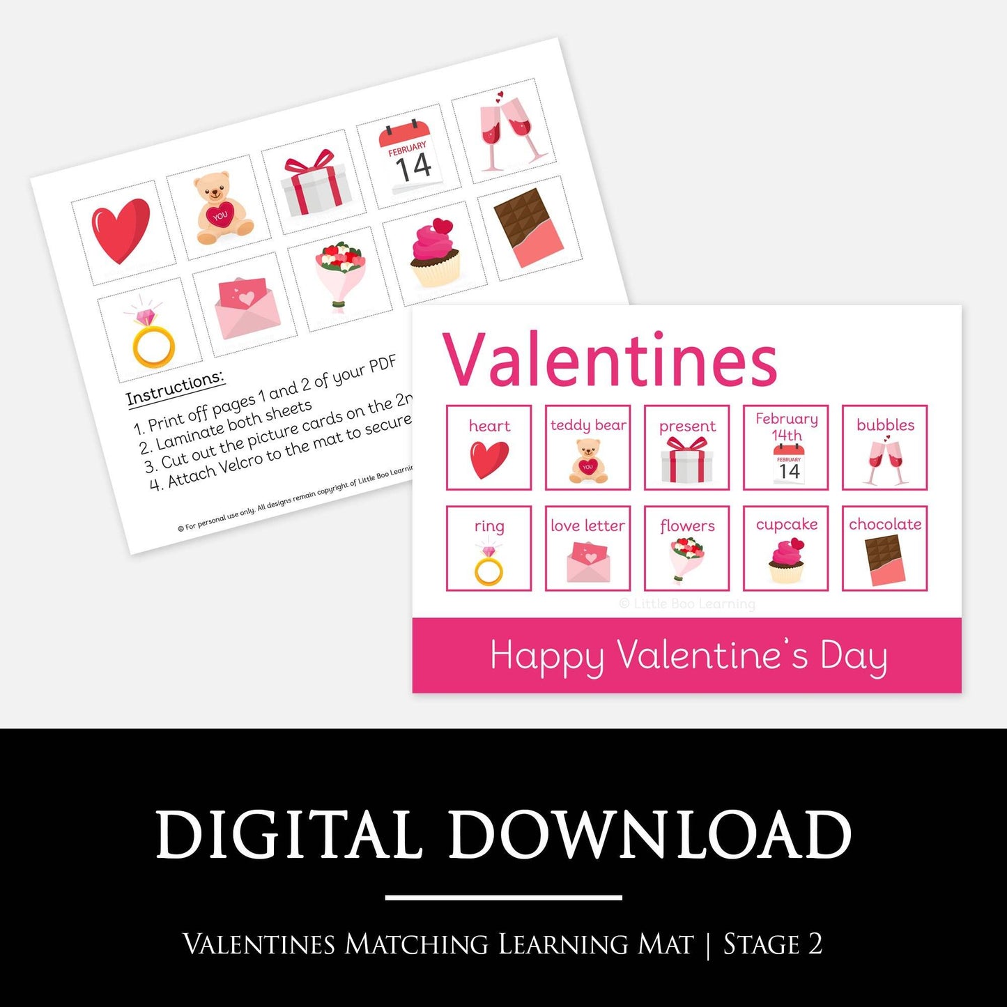 Valentines Matching Learning Mat - STAGE 2 | Digital Download-Little Boo Learning-Valentines