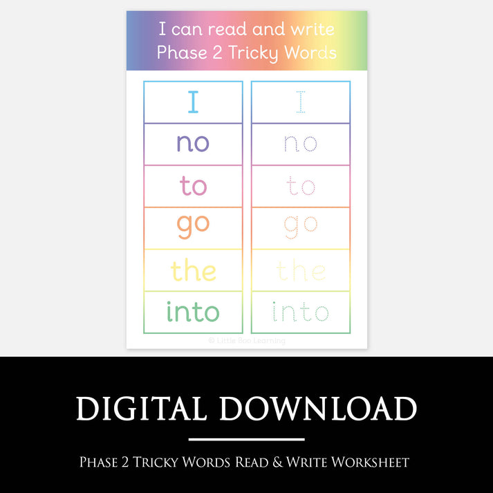 PHASE 2 TRICKY WORDS READ & WRITE WORKSHEET by Little Boo Learning