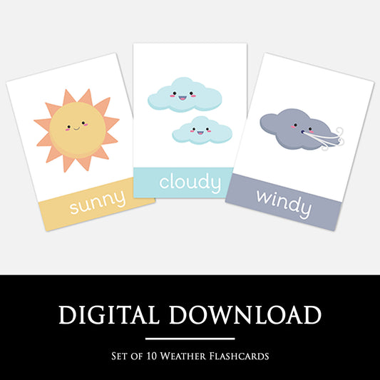 Weather Flashcards | Digital Download-Little Boo Learning-cloudy,flashcards,moon,rainbow,snowy,stars,sun,weather