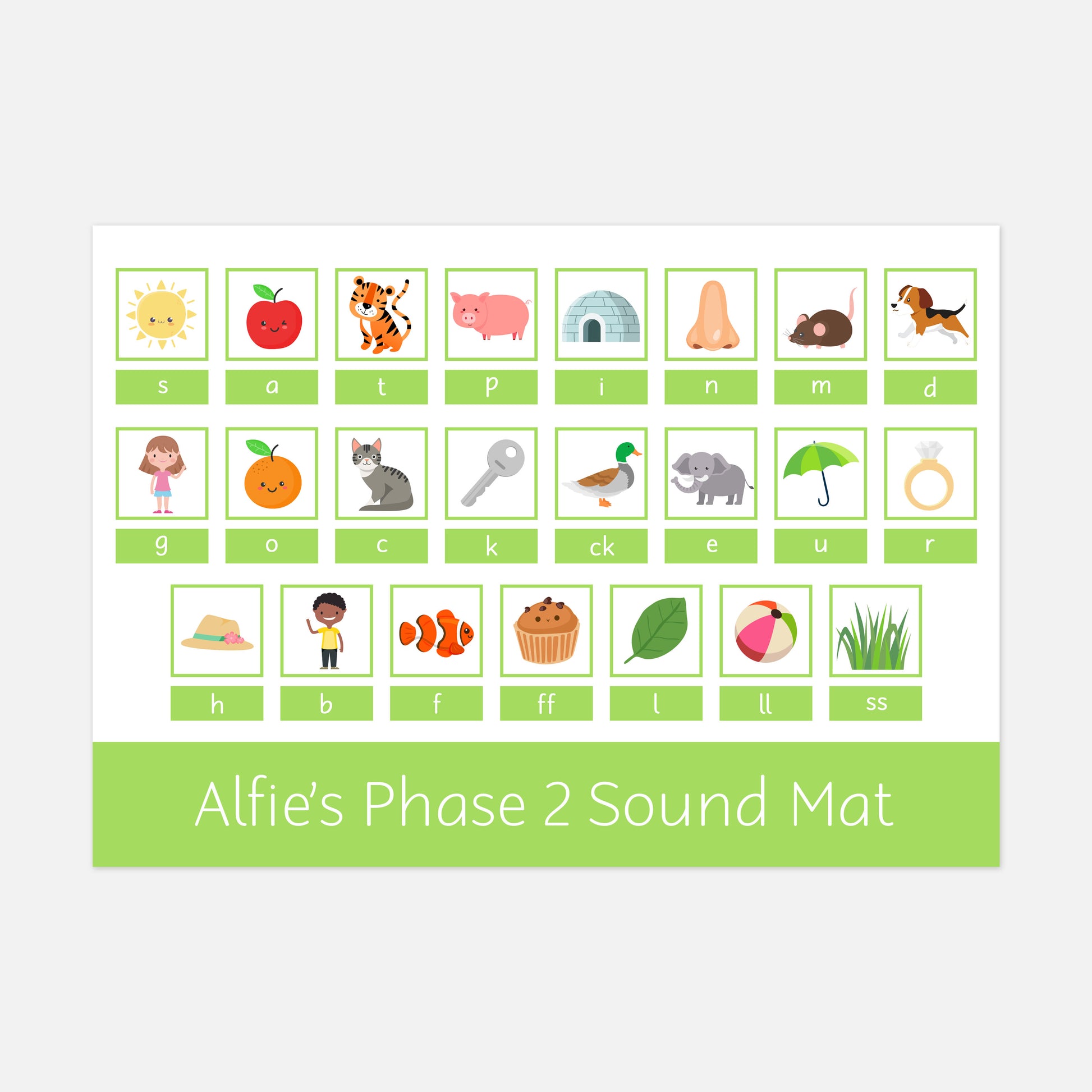 PERSONALISED Phonics Phase 2 Sound Mat <br /> <br /> More colours available-Little Boo Learning-educational,Learning Mat,Little Boo Learning,phonics